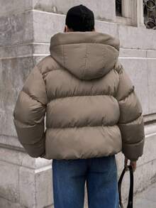 EURMUSE 女士冬季连帽口袋夹克，格子编织时尚纯色高街外套，温暖厚实 - 米色 - 查看 2