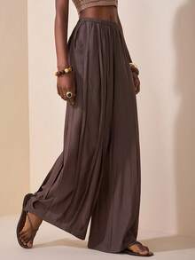 Zivah 2025 Autumn New Music Festival, Easter, St. Patrick's Day, Western, Nomadic, Birthday Party, Graduation, College Style, Student Wear, Daily Casual, All-Match Versatile, Leisure, Vacation, Cruise Travel, Beach, Sunbathing, Viral , Streetwear, Wedding Guest Boho, Commute, Brunch, Airport, Brown Linen Pants With Pockets And Slits - Brown - View 5