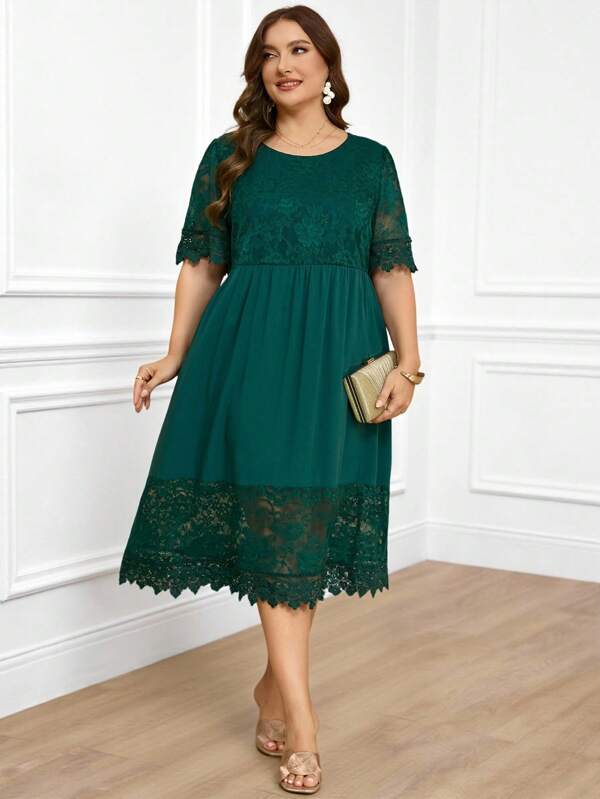 Miaspire Plus Size Women's Solid Color Lace Patchwork Short Sleeve Dress, Summer Fashion, Women's Holiday Wear, Women's Brunch Wear, Women's Business Casual Wear, Women's Going Out Tops, Women's Wedding Guest Dresses, Women's Summer Wear,Women's Work Clothes