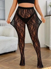 GalTyme Plus Size Lace Sheer Skinny Minimalist Leggings, Casual Daily Wear