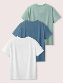 SHEIN 3 件儿童/青少年男童休闲运动百搭印花图案圆领宽松短袖针织 T 恤多件装，3 种款式，适合学校、花园、海滩、生日、春季、夏季、秋季、冬季 - 藍色 - 查看 2