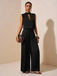 Zivah 2025 春夏新款音乐节、复活节、圣帕特里克节、西部风、游牧风、生日派对、毕业典礼、学院风、学生装、日常休闲、基础百搭、休闲、邮轮旅行、海滩、日光浴、病毒式传播、街头服饰、婚礼宾客波西米亚风、通勤、早午餐、机场装 2 件套：棕色缎面醋酸亚麻仿高领褶皱无袖上衣和西装裤 - 黑色 - 查看 7