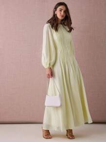 Enchnt 秋冬浪漫女士优雅奶油黄灯笼袖长裙，甜美优雅，适合度假、约会、节日、派对、毕业典礼、婚礼宾客和海滩，舞会礼服，女士太阳裙，优雅派对礼服，女士秋季礼服 - 黃色 - 查看 6