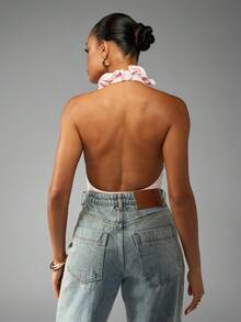 MISSGUIDED Elegant Halter Neck Bodysuit With Ruffle Trim Backless Design Evening Party Occasion Casual Form Fitting Light Weight Versatile Essential Bodysuit - Pink - View 2