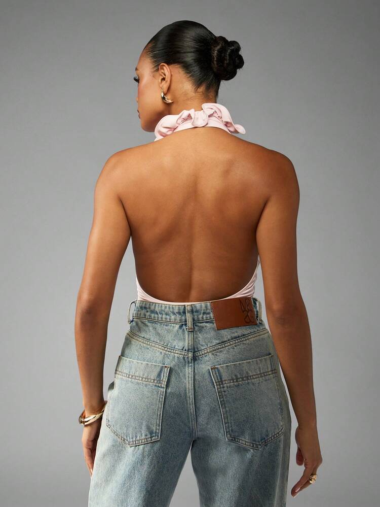 MISSGUIDED Elegant Halter Neck Bodysuit With Ruffle Trim Backless Design Evening Party Special Occasion Spring Summer Casual Form Fitting Light Weight Versatile Essential Bodysuit