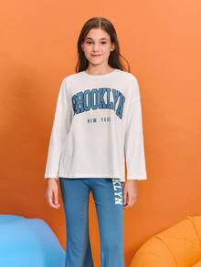 SHEIN Tween Girl Blue And White 2 Pieces Set Loose Drop Shoulder Top&Flare Pants,Brooklyn Letter Print Casual Autumn School Back-To-School Sports Outfit - Blue - View 4