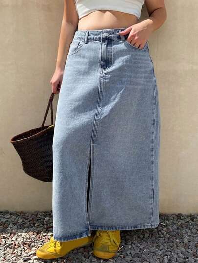Dazy Plus Plus Size Women's Washed Distressed Straight Front Slit Denim Skirt, Spring/Summer Jeans Skirt