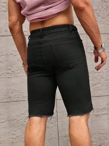 Manfinity Homme 男式破洞毛边牛仔短裤 - 黑色 - 查看 2