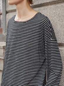 Lumivelle Damen Lässiges, locker sitzendes Tencel-T-Shirt mit Schulterausschnitt und Streifen in Weiß, lässige Outfits für Frühling, Kleidung für Universität, Herbstkleidung für Frauen - Schwarz und Weiss - Übersicht 5