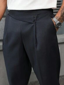 Manfinity Homme 男士简约纯色褶皱口袋西装裤，休闲日常穿着高腰休闲裤，商务正装风格，复古风 - 藏蓝色 - 查看 4