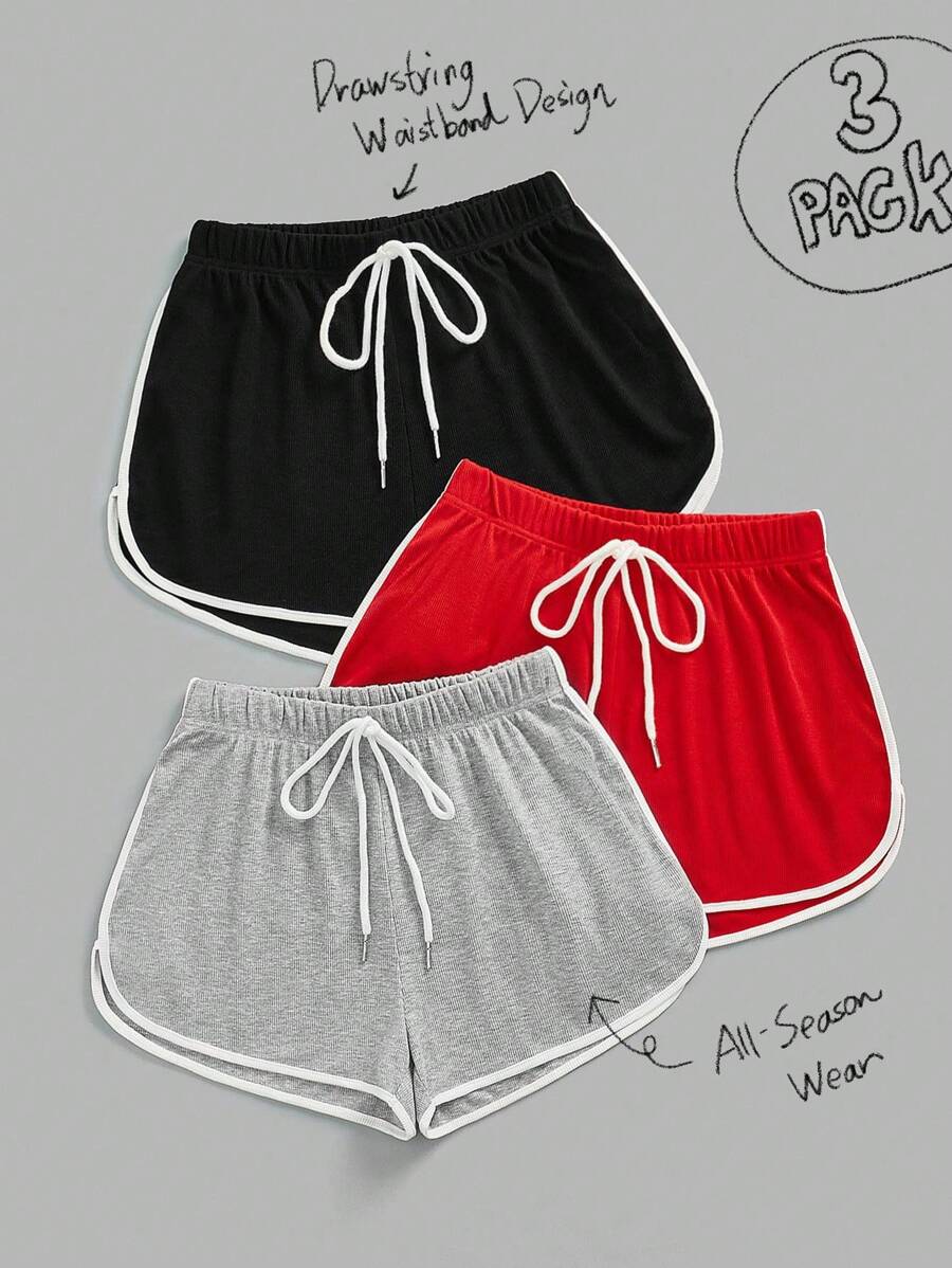 Tseoso 3 件套女士休闲罗纹面料撞色饰边短裤，适合夏季运动，休闲舒适 - 彩色 - 查看 1