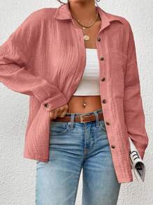 SHEIN VCAY Áo sơ mi tay dài trễ vai màu trơn cỡ lớn dành cho nữ, đơn hàng khuy, túi thường ngày - Bụi hồng - Xem 6