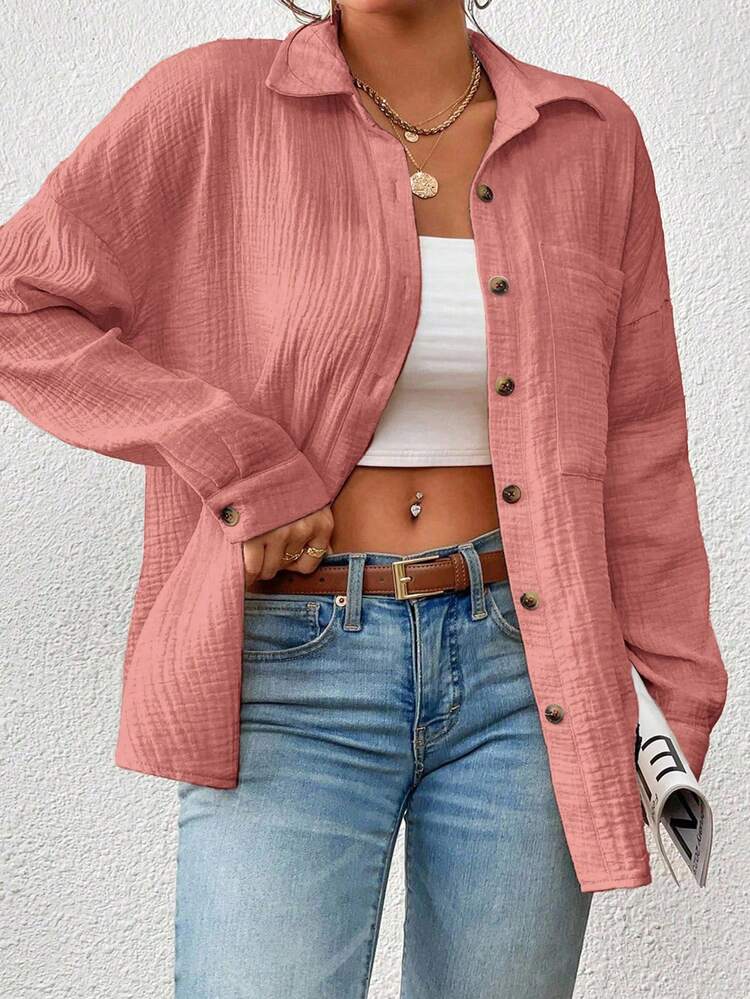 SHEIN VCAY Áo sơ mi tay dài trễ vai màu trơn cỡ lớn dành cho nữ, đơn hàng khuy, túi thường ngày - Bụi hồng - Xem 6