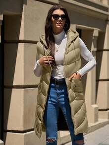 SHEIN Cottnline Sleeveless Hooded Pocket Zip-Up Jacket - Beige - View 7