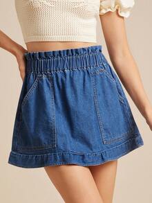 WESTFADE 褶饰腰部实用口袋荷叶边 A 字形牛仔短裤乡村西部牛仔竞技纳什维尔早午餐 - 深色水洗藍 - 查看 3