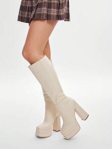 Solezae Botas altas hasta la rodilla con plataforma y cremallera lateral para mujer - Beis - Ver 4