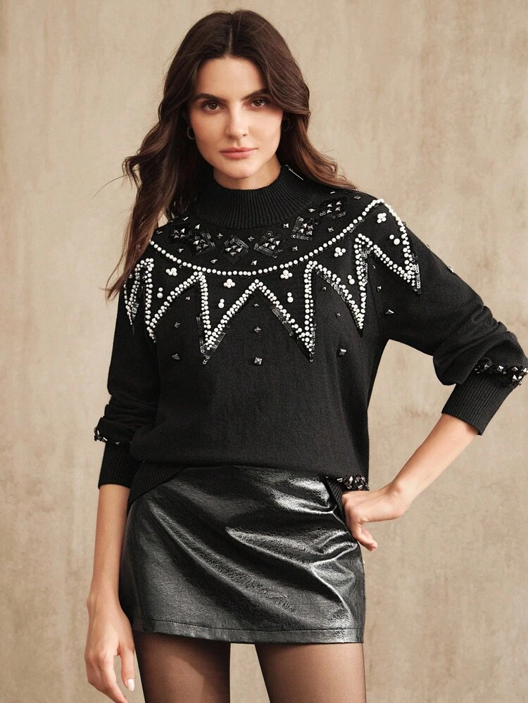 Women's Casual Loose Crew Neck Sequin & Pearl Rivet Decor Patterned Sweater, Suitable For Fall, Winter, New Year, Elegant, Chic, Stylish, Christmas, Going Out