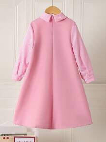 Girls' Soft Pink Dress With Pure White Puff Long Sleeves, Fall, Back To School, Casual, Knit, Fitted, Floral, Vacation, Loose, Ruched Fall Clothes - Pink - View 2