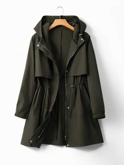 Linhara Plus Size Women Cinched Waist Hooded Windbreaker Jacket, Korean Style Casual Elegant Loose Fit High-End Summer Outerwear Fall Winter Cloth For Women Autumn