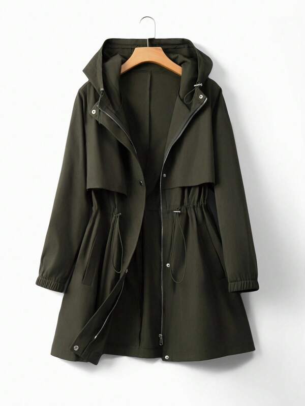 EMERY ROSE Plus Size Women Cinched Waist Hooded Windbreaker Jacket, Korean Style Casual Elegant Loose Fit High-End Summer Outerwear Fall Winter Cloth For Women Autumn