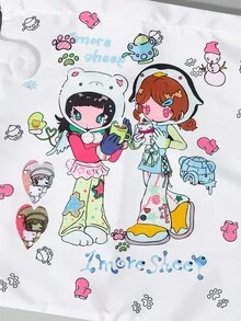 ROMWE Anime 可爱女孩背包，带有心形和星星印花，透明口袋，大容量，抽绳封口，双面设计，适合上学、通勤、休闲日常穿着