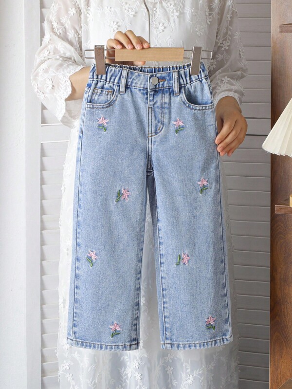 Girls (Small) Floral Embroidered Relaxed Fit Blue Denim Jeans, Vintage Sweet Style Casual Vacation Pants