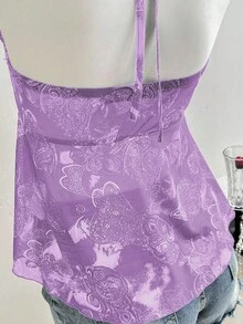 Chiquease 女式复古印花露背上衣，夏季 - 紫色 - 查看 5