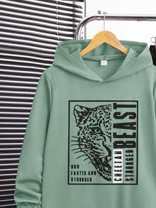 SHEIN 2 件套青少年男童休闲动物和英文字母印花连帽运动衫和抽绳裤套装，适合秋季、冬季、学校、家居、运动、简单百搭的日常穿着 - 薄荷綠 - 查看 4