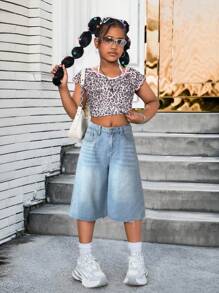 SHEIN Shorts vaqueros lavados informales para niñas preadolescentes, verano - Azul - Ver 4