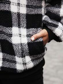 EMERY ROSE Plus Size Women's Fall Casual Fuzzy Plaid Hooded Thermal Zipper Neckline Sweatshirt With Pockets, Autumn/Winter, Going Out, 2025 New, Fall For Women, Plaid Sweatshirts For Women - Black and White - View 8