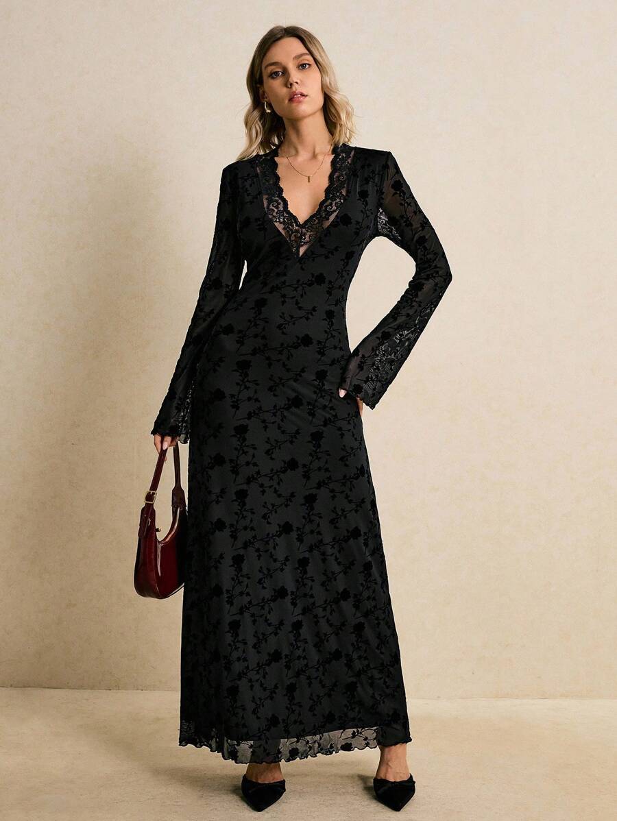 Poéselle Elegant Black Floral Lace Maxi Dress For Women,Autumn V Neck Long Sleeve Evening Gown,Gothic Formal Party Dining Dress,Vintage Inspired - Black - View 1