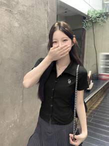 DAZY Women's Casual Versatile Front Button Polo Collar Short Sleeve T-Shirt, Summer - Black - View 4