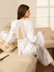 女式法式优雅浪漫蕾丝流苏拼接露背缎面长袍，秋季 - 白色 - 查看 1