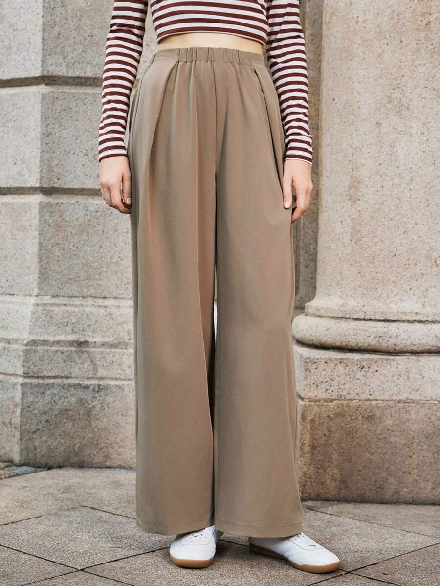 Lumivelle 女士休闲弹力腰直筒裤，时尚百搭，适合春秋季穿着，可搭配全白休闲装，春季大学校园服装，秋季女装 - 卡其色 - 查看 1