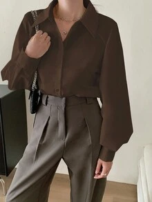 INAWLY 女士纯色灯笼袖单排扣休闲通勤衬衫 - 棕色 - 查看 7