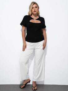 Maija Camiseta de mujer de talla grande de unicolor con diseño calado de manga corta ajustada, camiseta de moda de verano para mujer, vacaciones, playa, casual, salir, bohemia, oficina, festival para rave, Hawái - Negro - Ver 5