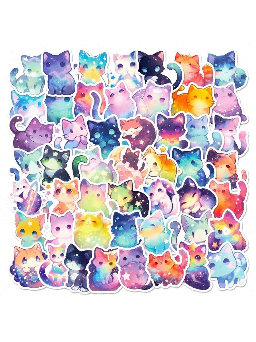 SHEIN 50 Stück süße Katzen Aufkleber, bunte Kawaii Katzen Aufkleber für Wasserflaschen, Laptops, Handys, Skateboards, Gitarren, Gepäck, Scrapbooks, Helme, Fahrräder, Motorräder, Autos, wasserfeste Vinyl Aufkleber für Kinder, Jugendliche, Erwachsene, Sternenhimmel Katzen Themen Aufkleber Pack, süße Dinge, Geburtstagsgeschenke, Einschulung, Halloween, Weihnachtsgeschenke