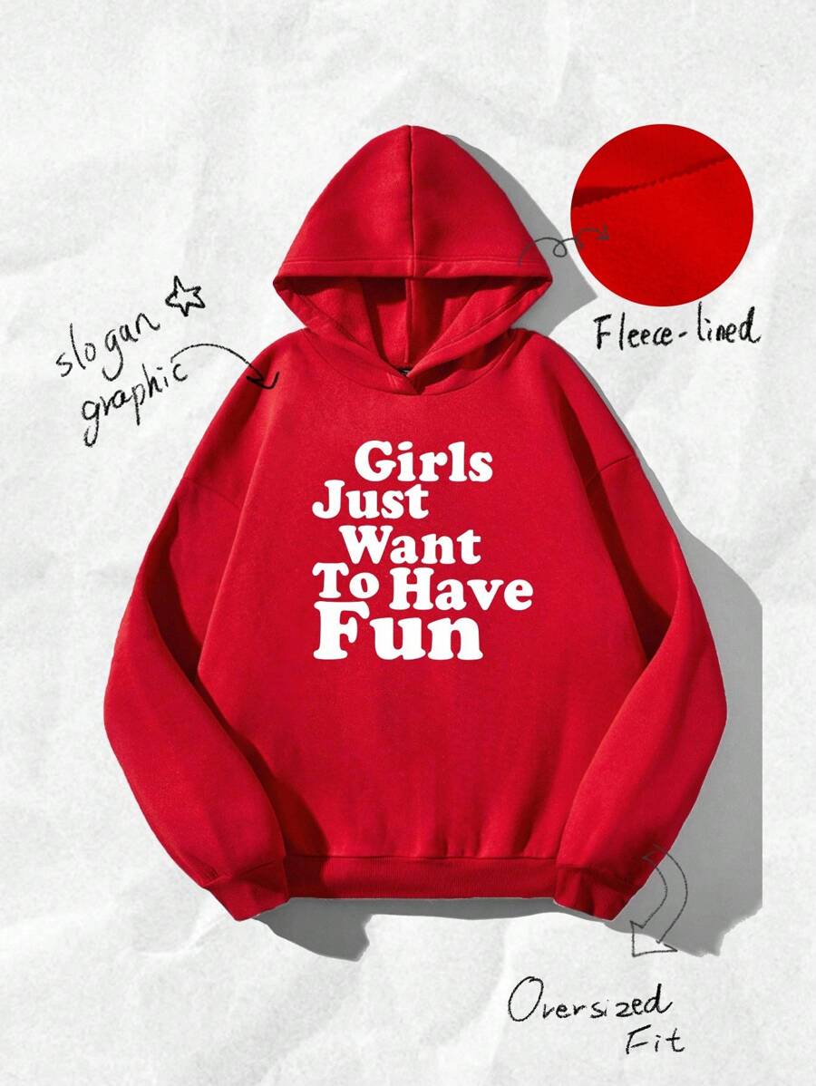 Attitoon 女孩只想玩得开心，回到学校，秋季女装，校服，女士简约休闲纯红色套头衫连帽长袖超大帽衫，无抽绳