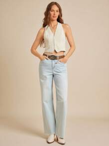 WESTFADE Mix-Media Stretch Twill & Ditsy Blumen Muster Webhalter Ausschnitt Spaltung Saum Rückenfrei Passform Schal Krawatte Weste Top Landkonzert Süß Damen Sommer Tops Europäisch - Creme - Übersicht 4