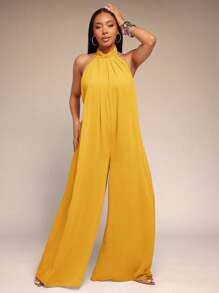 Vixey Solid Chiffon Halter Neck Open Back Wide Leg Jumpsuit - Yellow - View 2