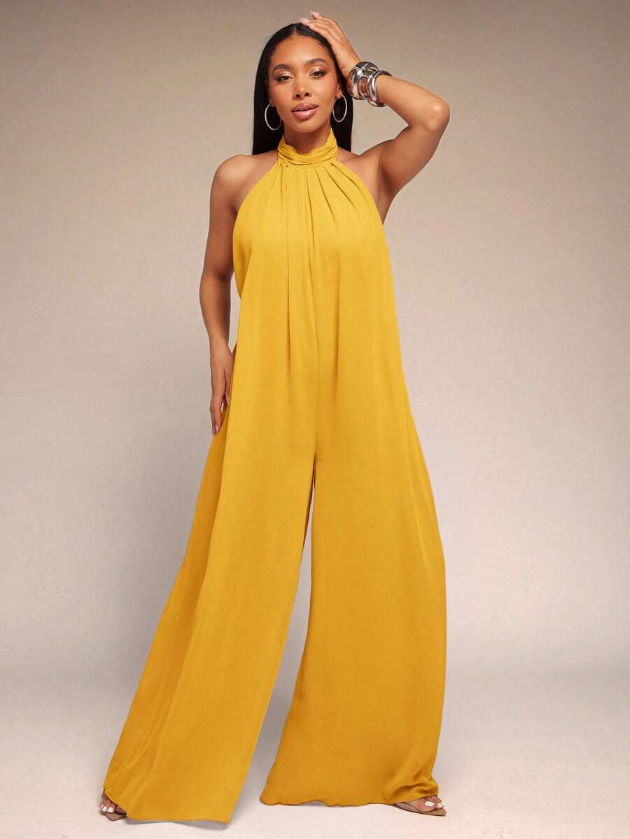 Vixey Solid Chiffon Halter Neck Open Back Wide Leg Jumpsuit