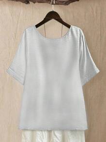 Linhara 女士大码休闲/日常/户外/简约/度假绿色纹理圆领套头衫，春夏 - 淺灰色 - 查看 2