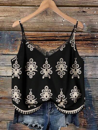 SHEIN VCAY 加大码 V 领蕾丝拼布黑色花卉印花吊带背心，度假优雅约会派对时尚吊带背心