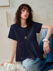 EMERY ROSE 女士粘胶纤维梭织纯色短袖圆领休闲个性褶皱衬衫，适合春夏、度假、通勤和日常穿着，娃娃衫，夏季女装，可爱夏季上衣，夏季衬衫，外出上衣，可爱夏季上衣 - 藏蓝色 - 查看 6