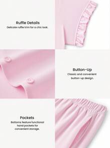 LUVLETTE 女士透气棉粉色新娘内衣套装，短袖纽扣上衣和短裤，轻盈舒适，可爱睡衣套装，带口袋，浪漫居家舒适内衣，也适合少女、年轻女孩和儿童穿着，春夏婚礼必备单品。 - 粉色 - 查看 3