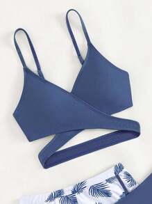 Teen Girls Tropical Print Wrap Bikini Set With Swim Shorts Summer Beach - Blue and White - View 5