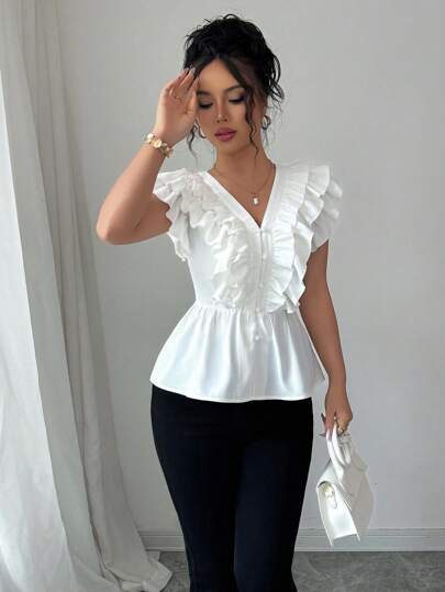 Elenzga Women's Summer Elegant V-Neck Double Ruffle Hem Cinched Waist Blouse