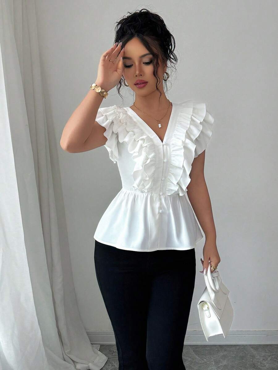 Elenzga 女式夏季优雅V领双荷叶边下摆收腰衬衫