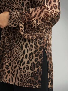 Comfylo Flowy Sheer Leopard Print Plus Size 2 Pieces Set: Blouse And Wide Leg Pants Plus Size Pants Set Animal Print Plus Size Cheetah Print Outfit Women Chic Winter Winter Party Fall Halloween Christmas