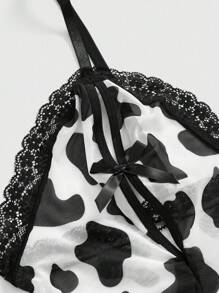 ROMWE Kawaii Đồ lót liền thân ren bướm khoét lỗ họa tiết bò gợi cảm cỡ lớn - Đen và trắng - Xem 3